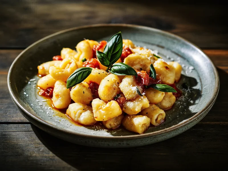 Gnocchi di patate morbidi con sugo leggero di pomodoro e foglie di basilico
