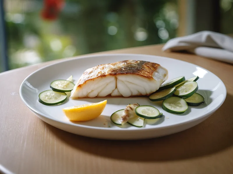 Filetto di pesce bianco al forno con zucchine al vapore e spicchio di limone