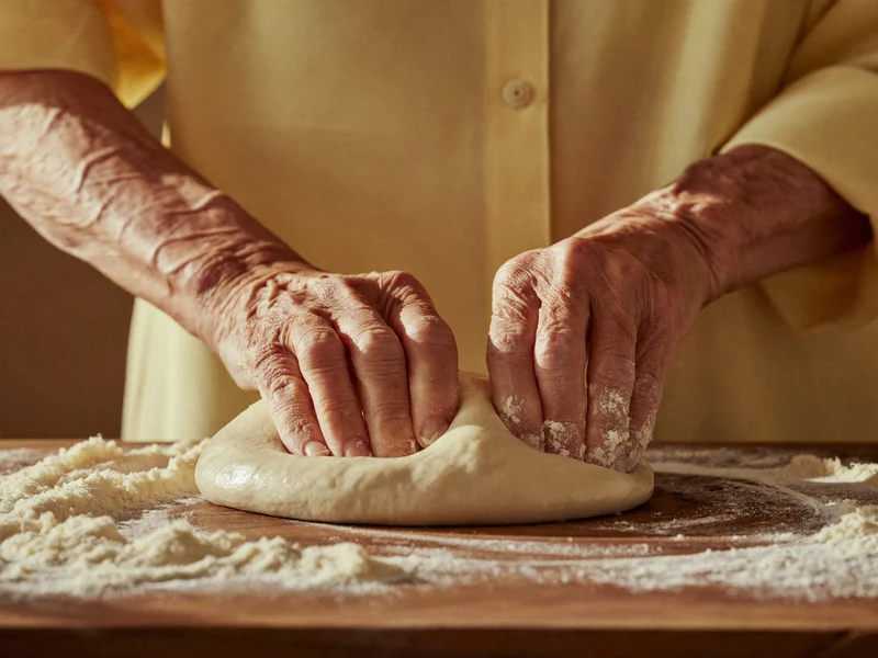 Mani anziane che lavorano con delicatezza un impasto morbido su tagliere infarinato