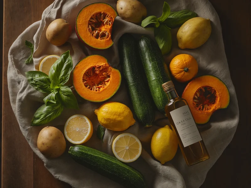 Ingredienti di stagione su tovaglia di lino: zucca, basilico, limoni, zucchine, patate e olio